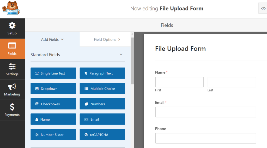 edit wpform's file upload form