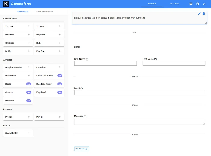 kali form editor interface