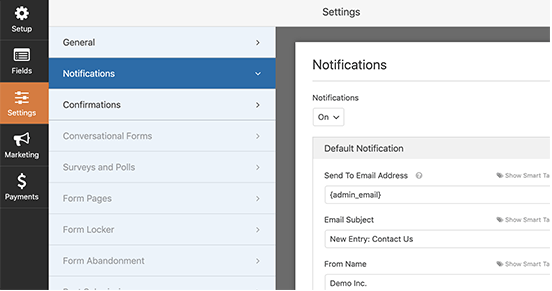 WPForms notification settings