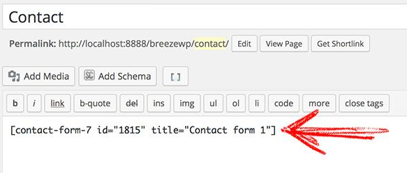 paste contact form 7 short code to page