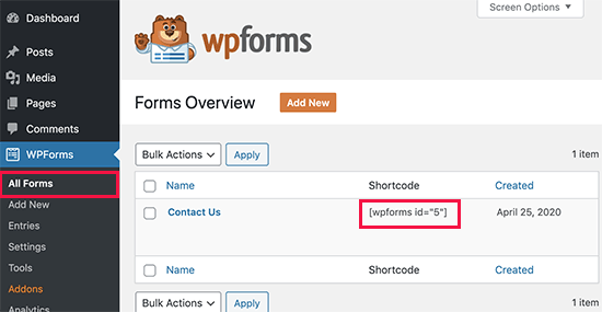 copy WPForms shortcode