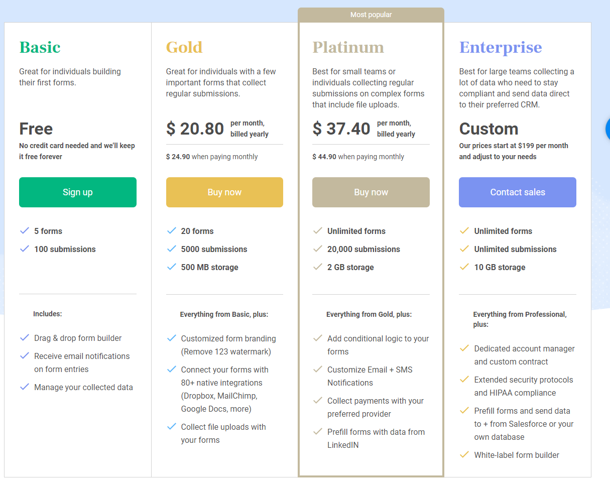 123formbuilder pricing plans