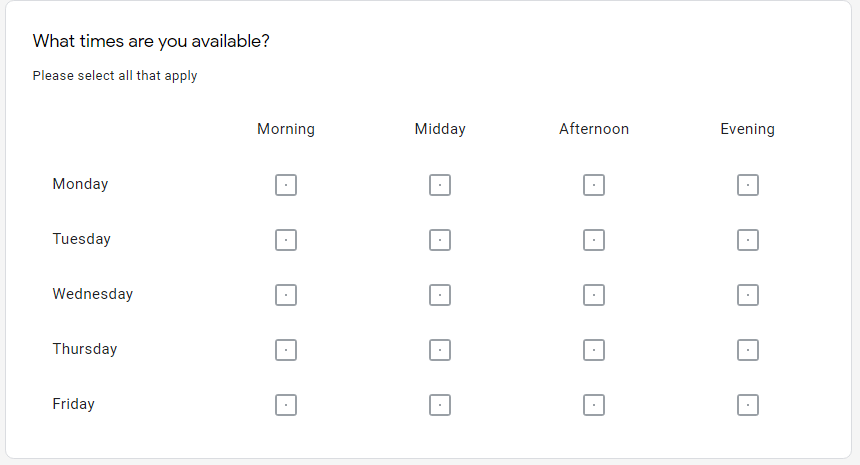 Google Form survey checkbox grid