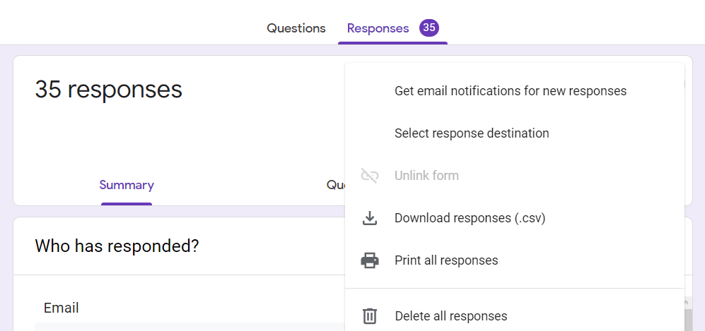 select response destination in Google Form survey