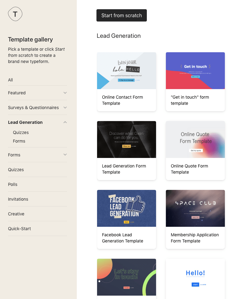 Typeform template gallery