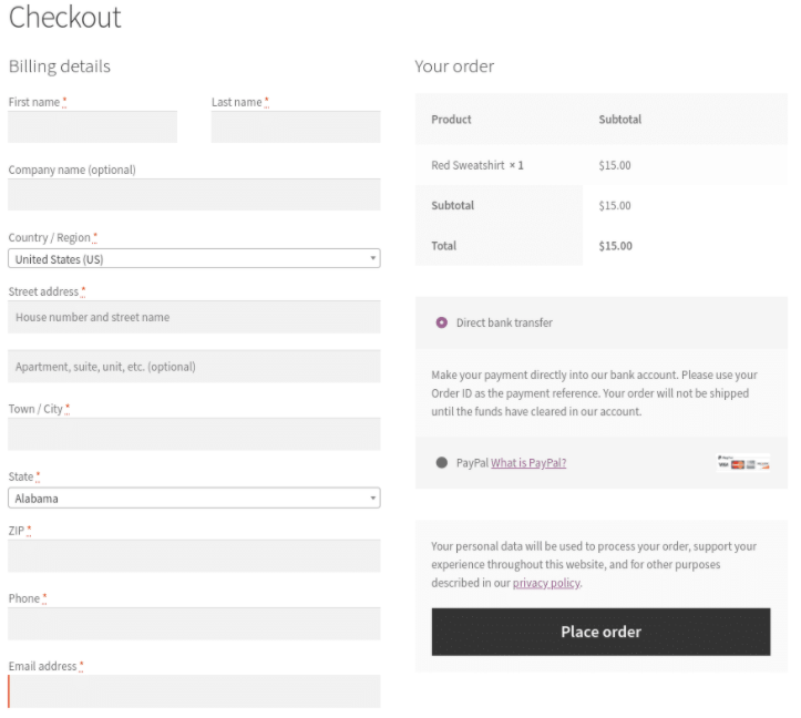 WooCommerce default checkout page