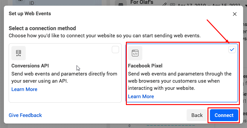 click "Facebook Pixel" and choose "Connect"