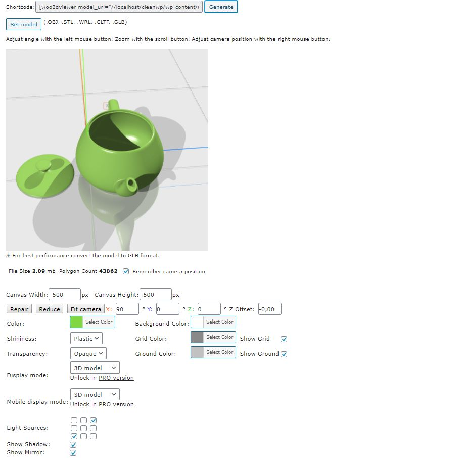 the WooCommerce 3D printing product adjustment of Woo3D Viewer