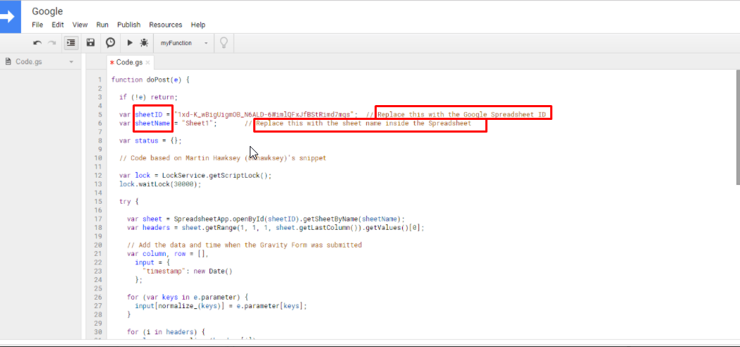 change Google sheet ID and sheet name