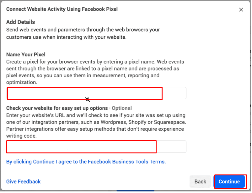 fill in Web events and parameter's details