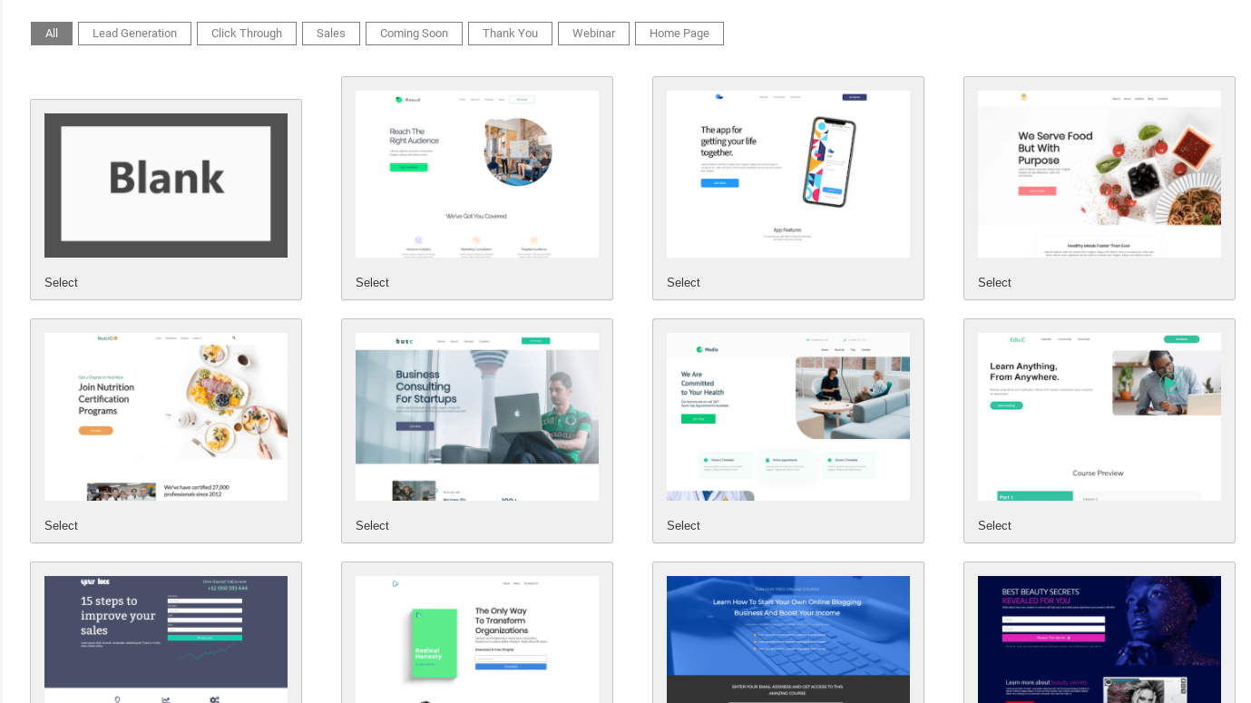 Landing Page Builder's templates