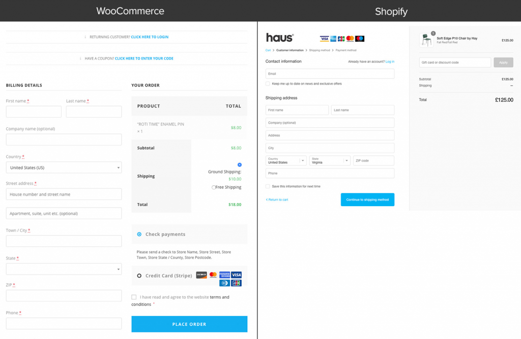 Shopify vs WooCommerce checkout page