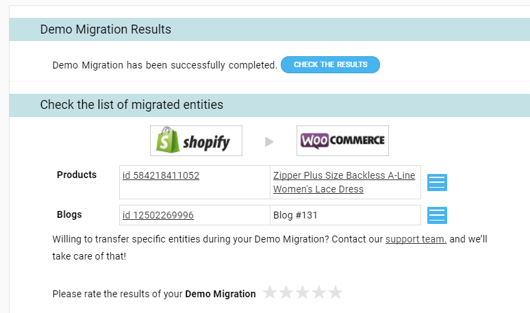 Shopify to WooCommerce demo migration results