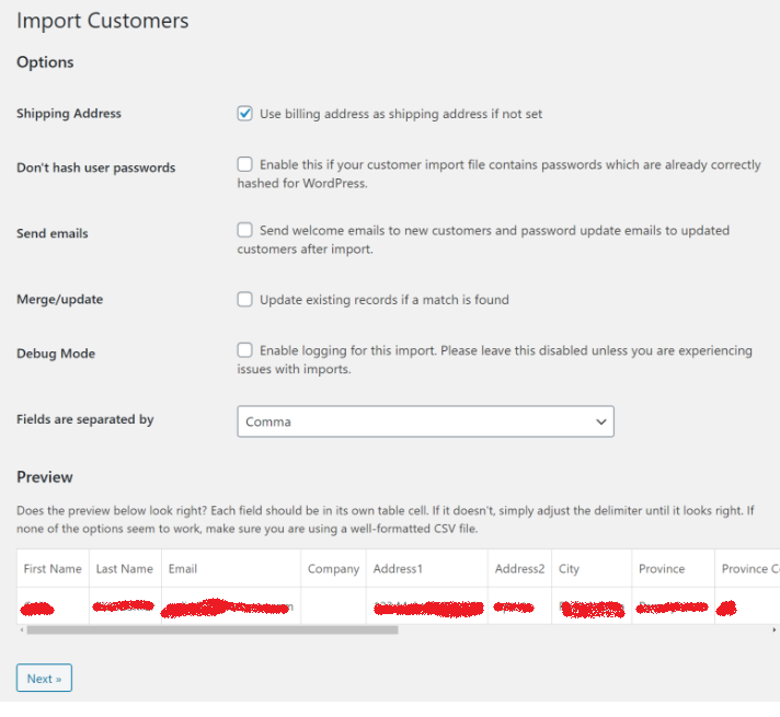 Import Customers settings