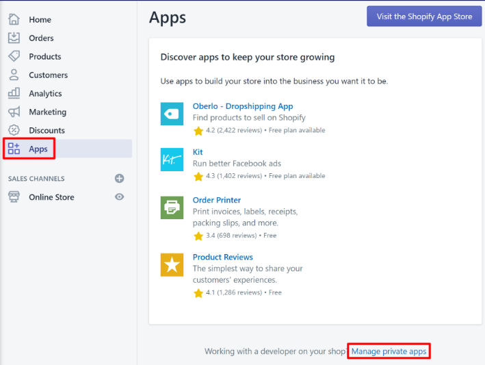 Manage private app in Shopify