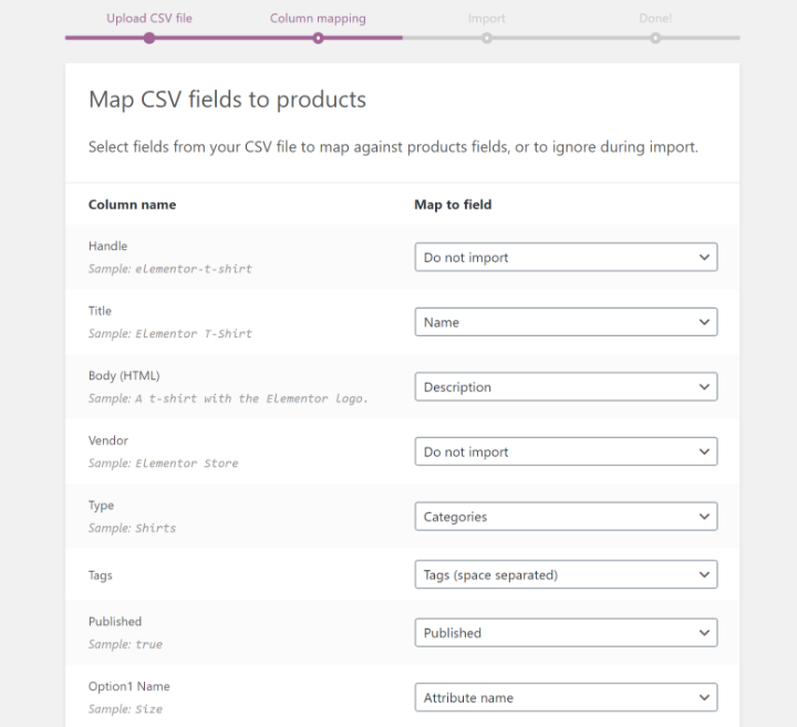 map CSV fields in WooCommerce