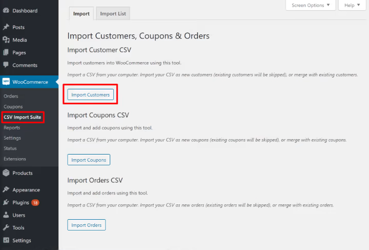 WooCommerce import customers