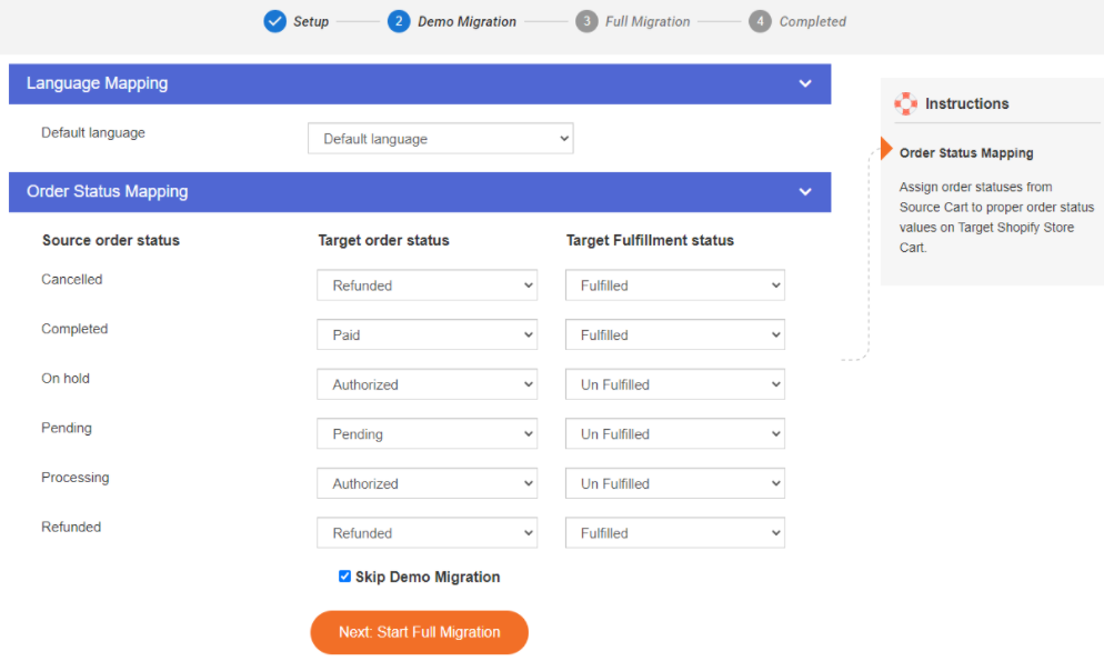 language and order status mapping