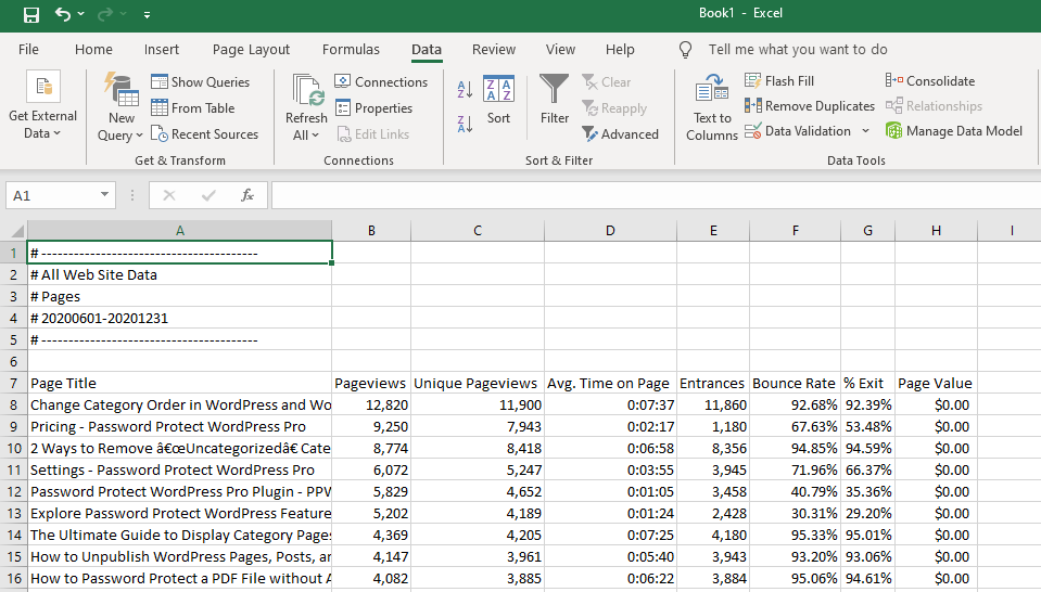 data displayed on Excel sheet