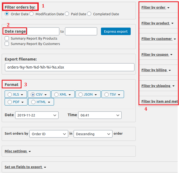 filter and export WooCommerce orders