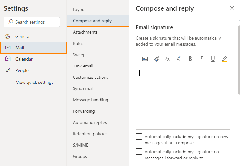 change signatures in Outlook online