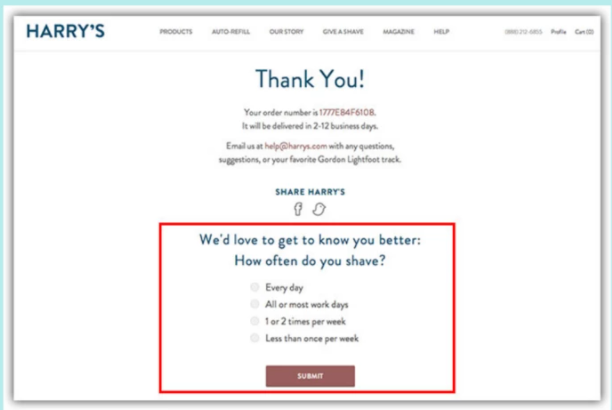 thank you page having post-purchase survey