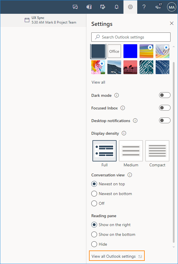 view Outlook settings