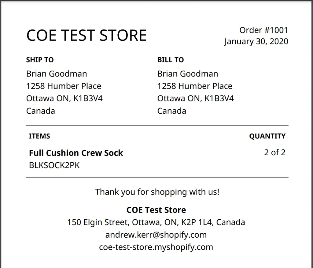 Shopify SFN packing slip